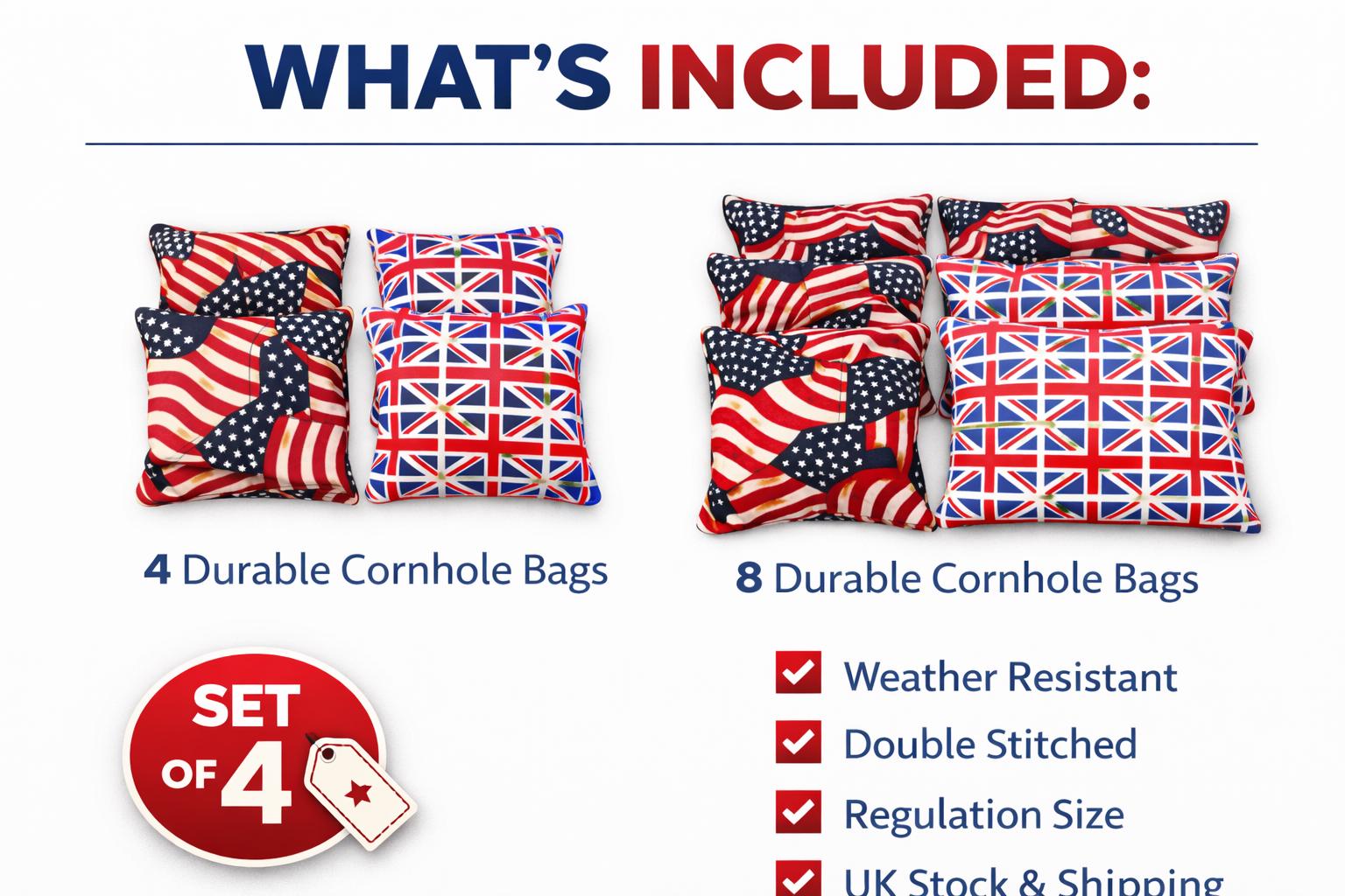 Patriotic Cornhole Bags – USA, Union Jack Designs, Regulation Size Set