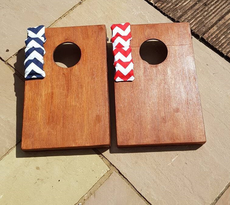 Mini Cornhole -Stained Wood Bean Bag Toss Game: Small Size, Includes 8 Bean Bags