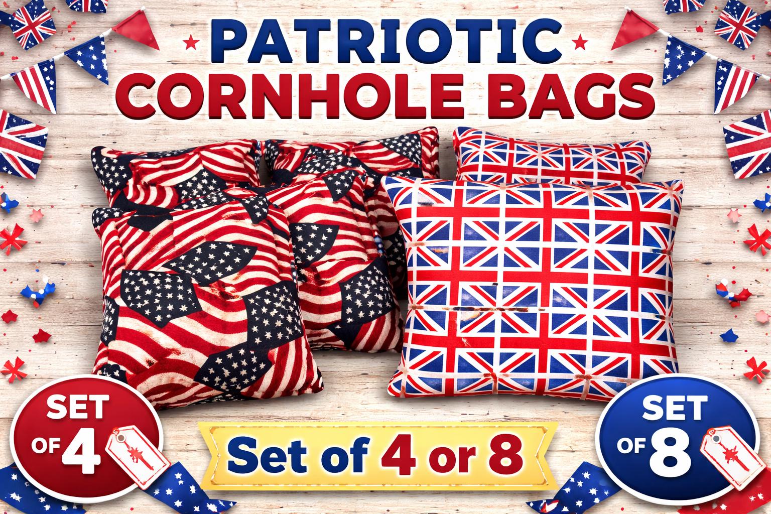 Patriotic Cornhole Bags – USA, Union Jack Designs, Regulation Size Set
