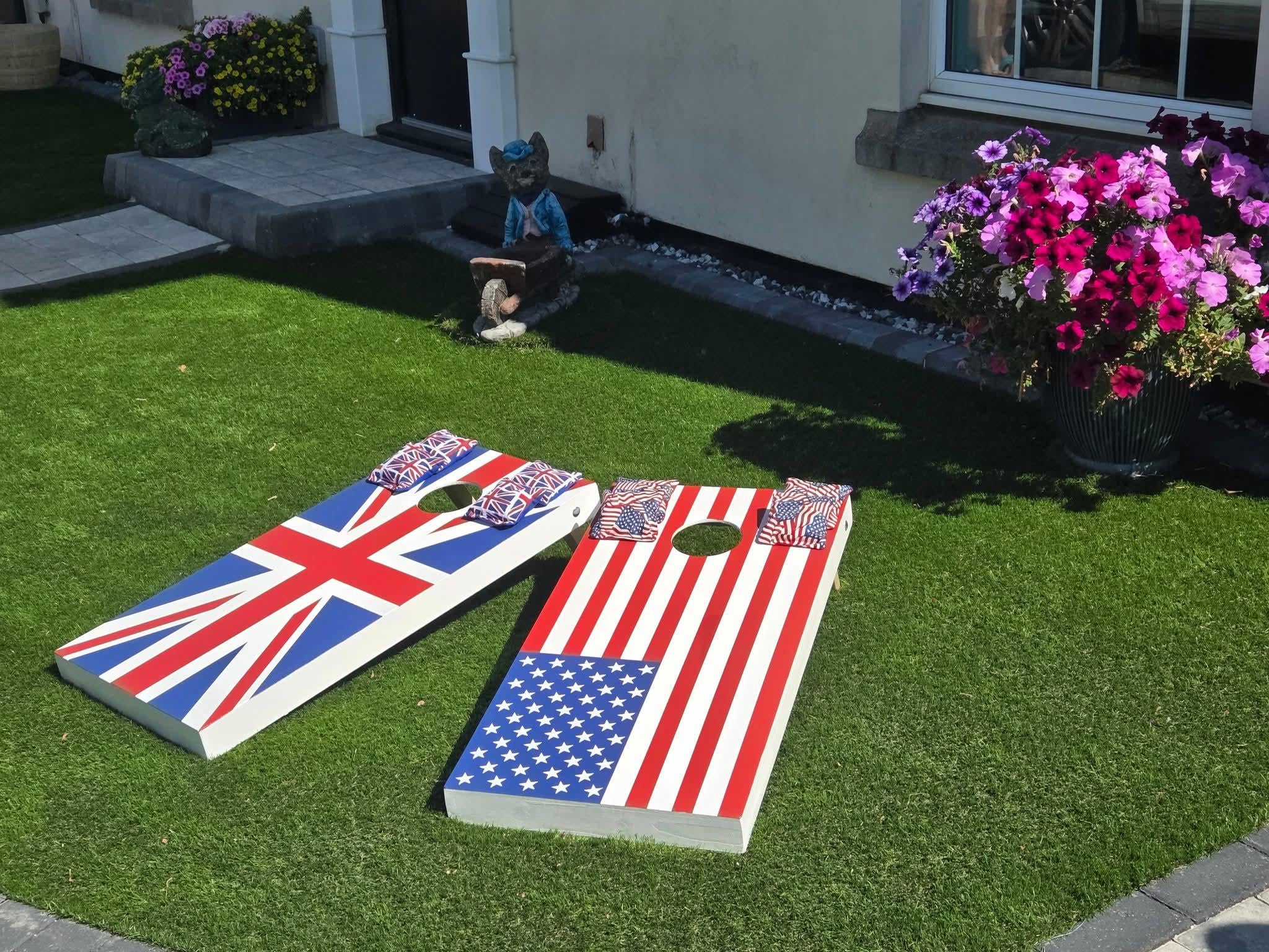 Handmade USA vs GB Cornhole Game Set: Adult Size Garden Bean Bag Toss