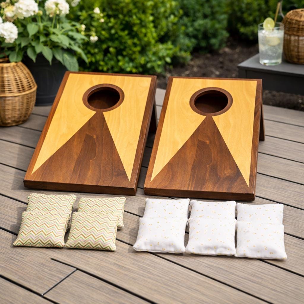 Cornhole Set – Rustic two tone  Stained Wood – Mini Garden Game with Bags and foldable legs