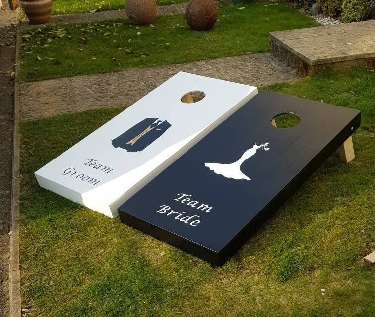 Cornhole Set Black and White Wedding  – Handmade Lawn Toss Game for Reception & Garden Party