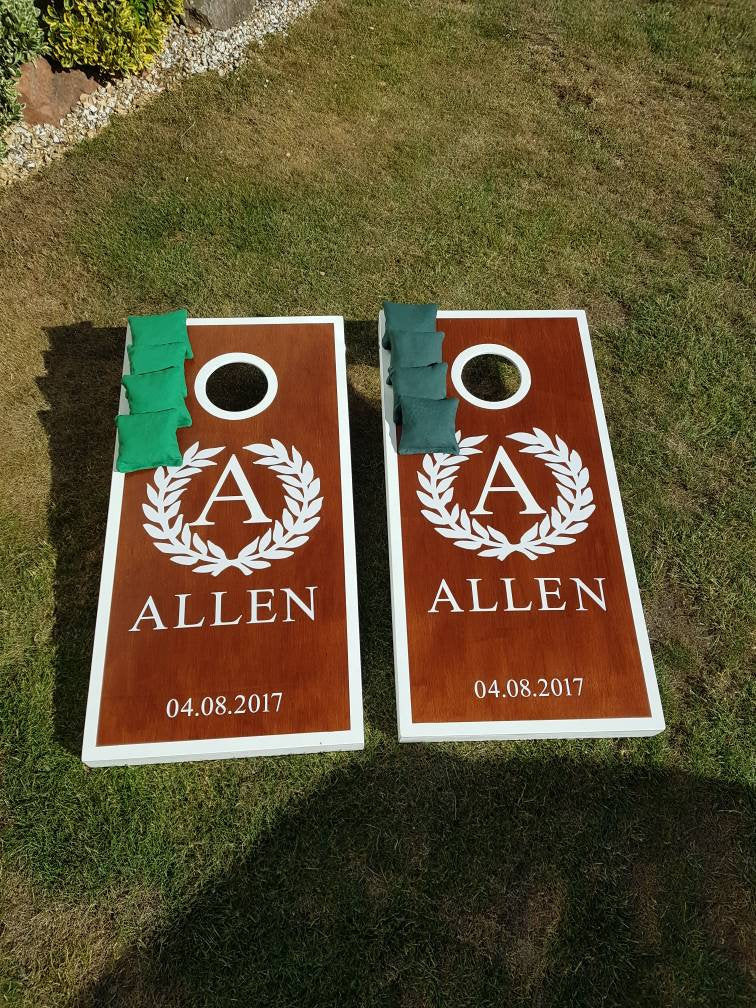 Personalised custom cornhole Board Set: Medium Stained Wood Bean Bag Toss Game