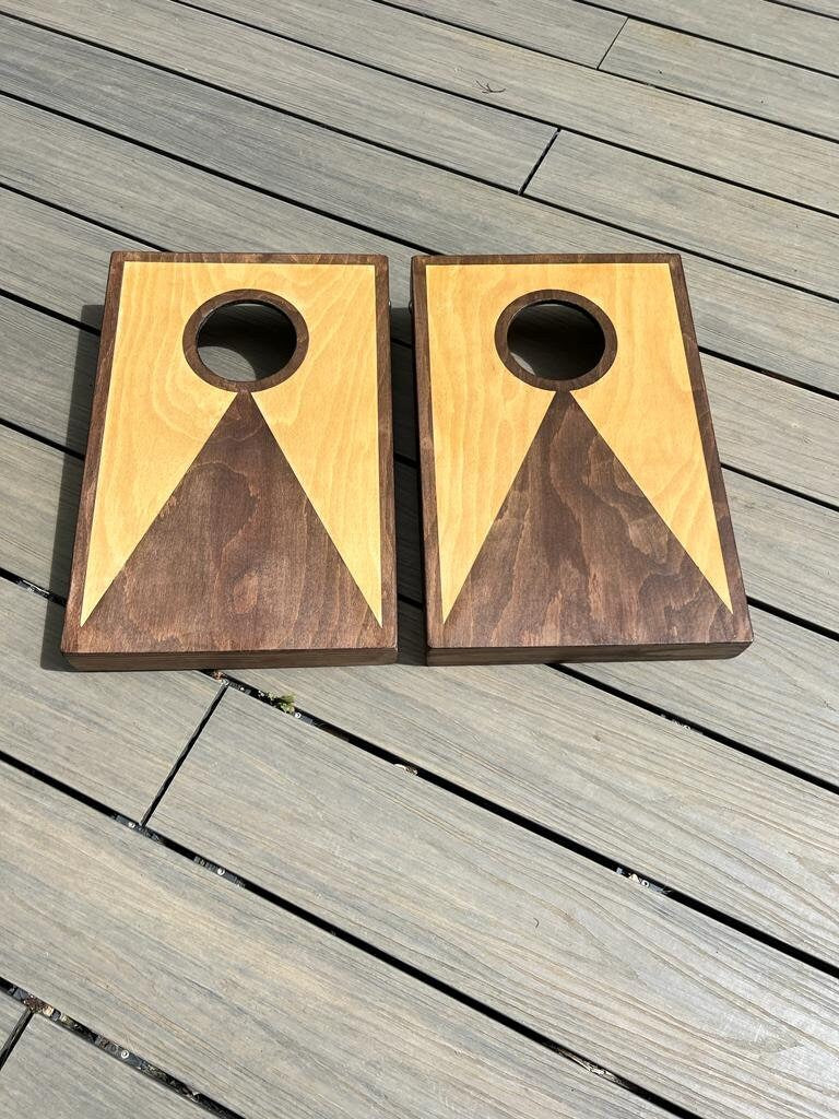 Cornhole Set – Rustic two tone  Stained Wood – Mini Garden Game with Bags and foldable legs