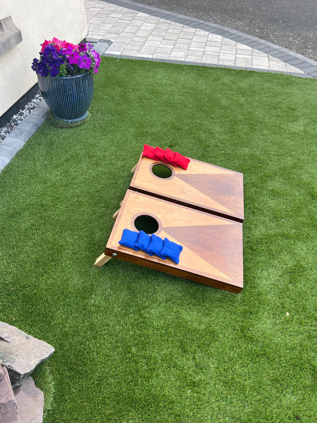 Mini Plus  Cornhole Set – Rustic Two-Tone Stained Wood Garden Game with Bags