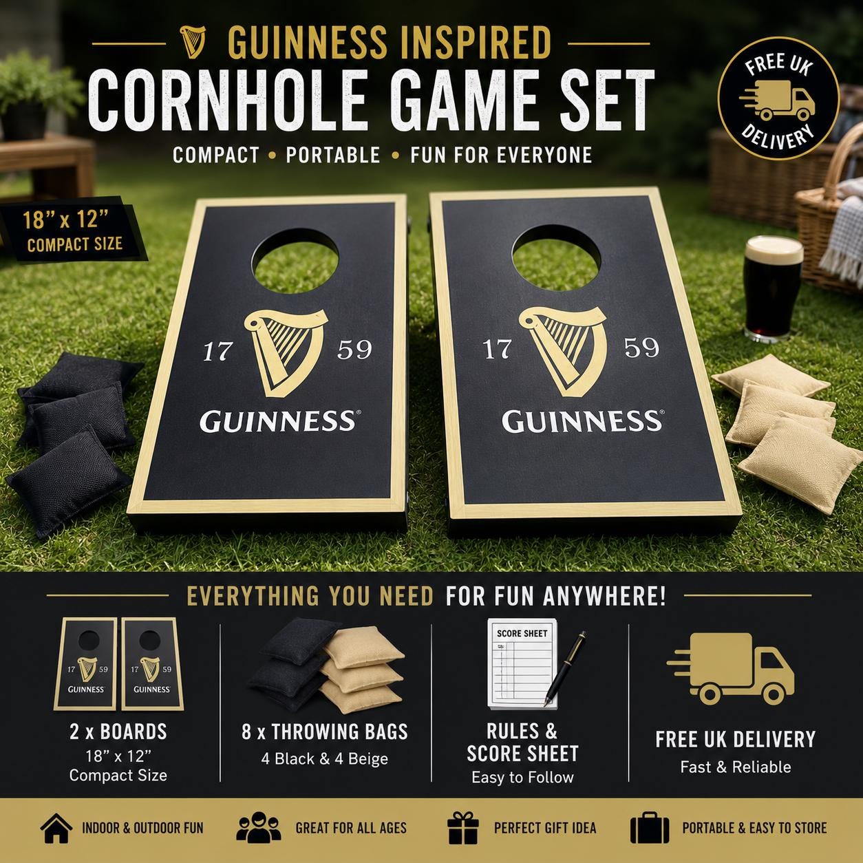Guinness Inspired Cornhole Game Set – Compact Portable Bean Bag Toss (18" x 12")