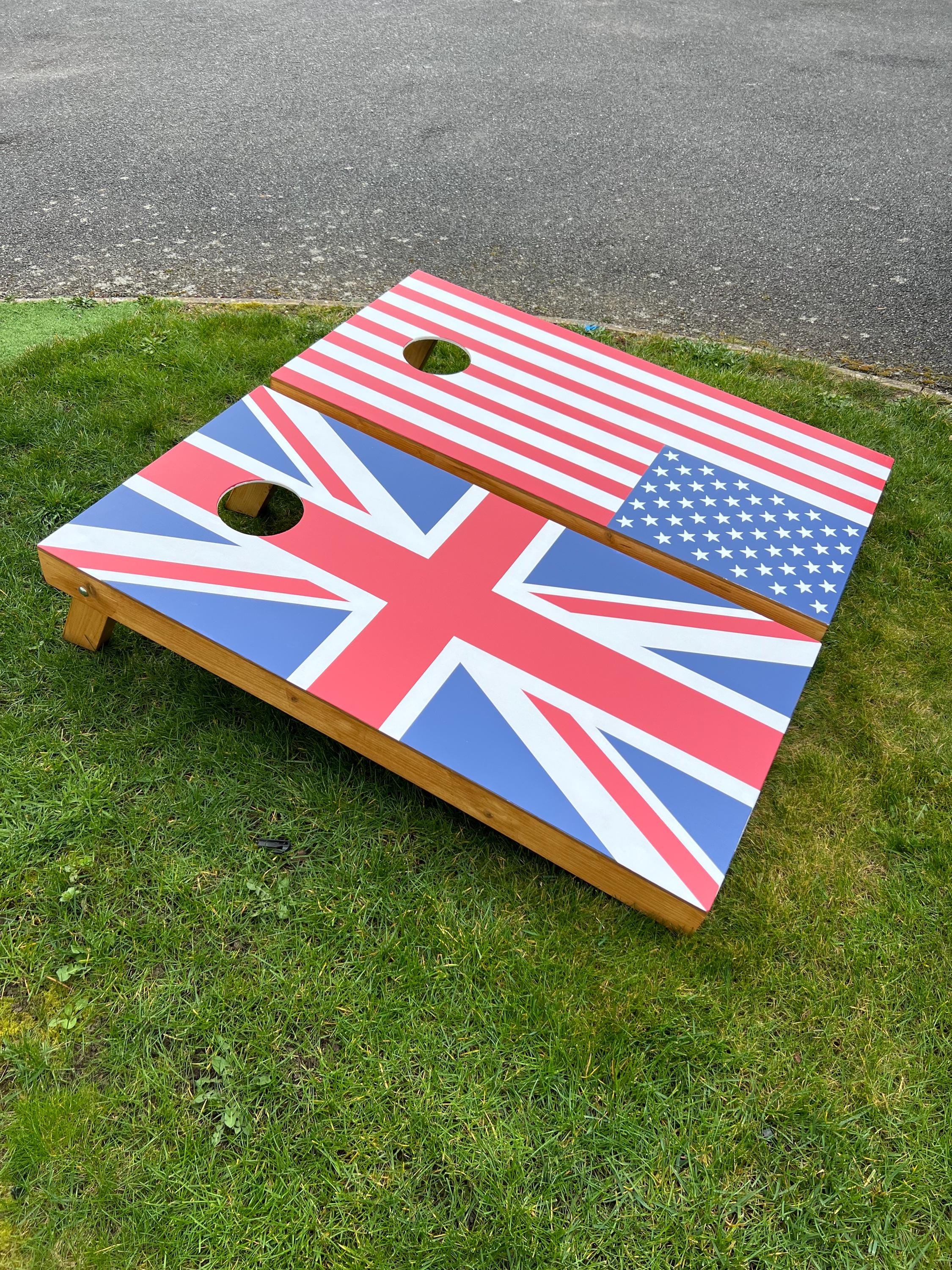 Regulation Cornhole Boards | UK USA Flag Lawn Game | Handcrafted Wooden Outdoor Set