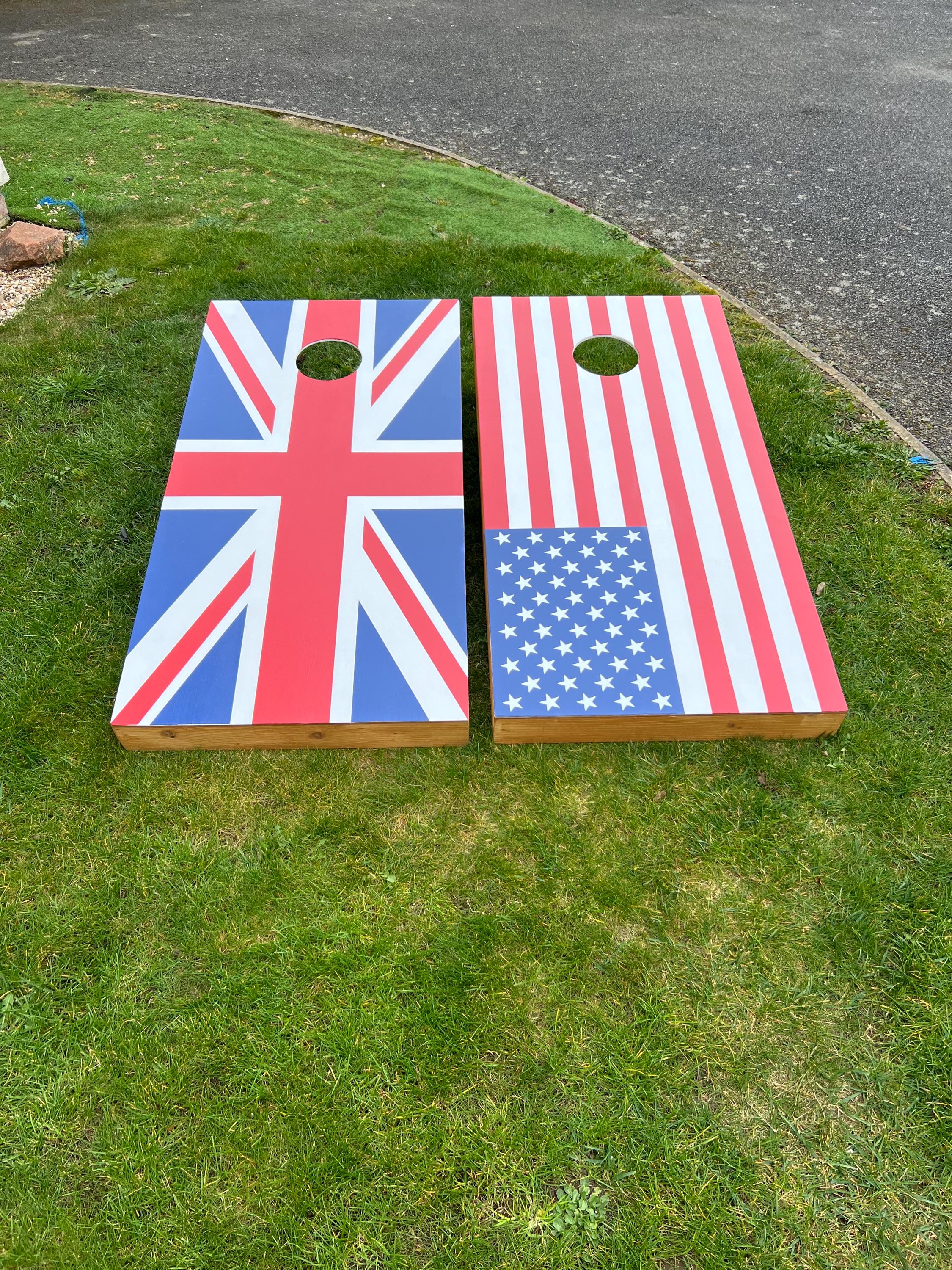 Regulation Cornhole Boards | UK USA Flag Lawn Game | Handcrafted Wooden Outdoor Set