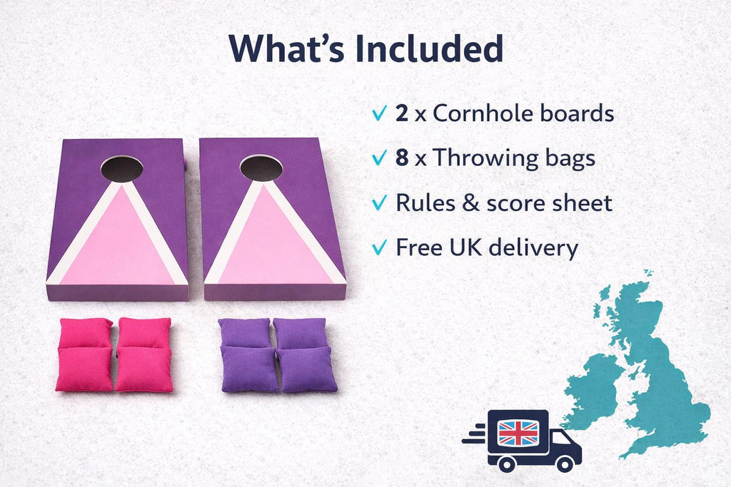 Mini Cornhole Set Purple Pink | Handmade Garden Game Boards UK (18" x 12")