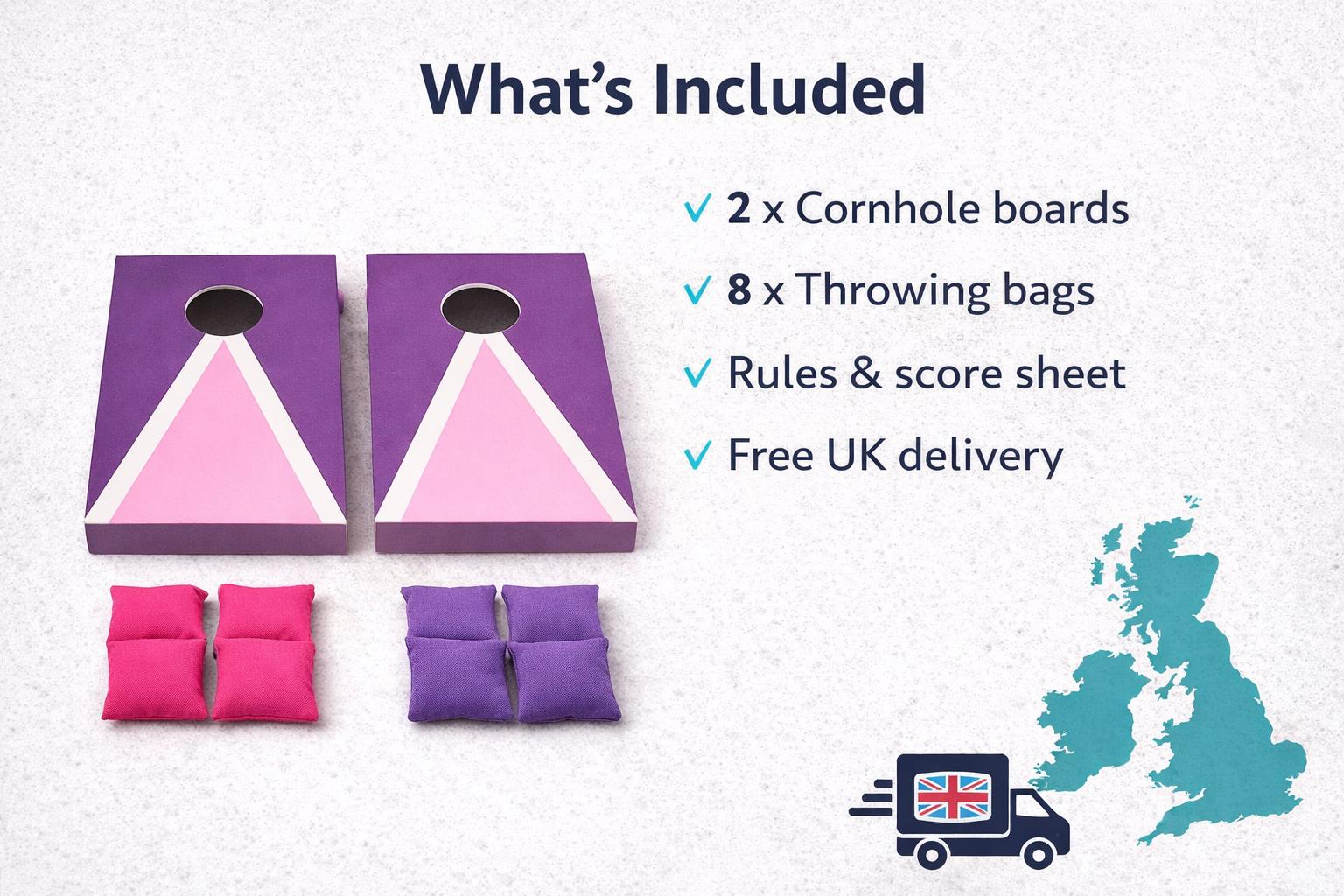 Mini Cornhole Set Purple Pink | Handmade Garden Game Boards UK (18" x 12")