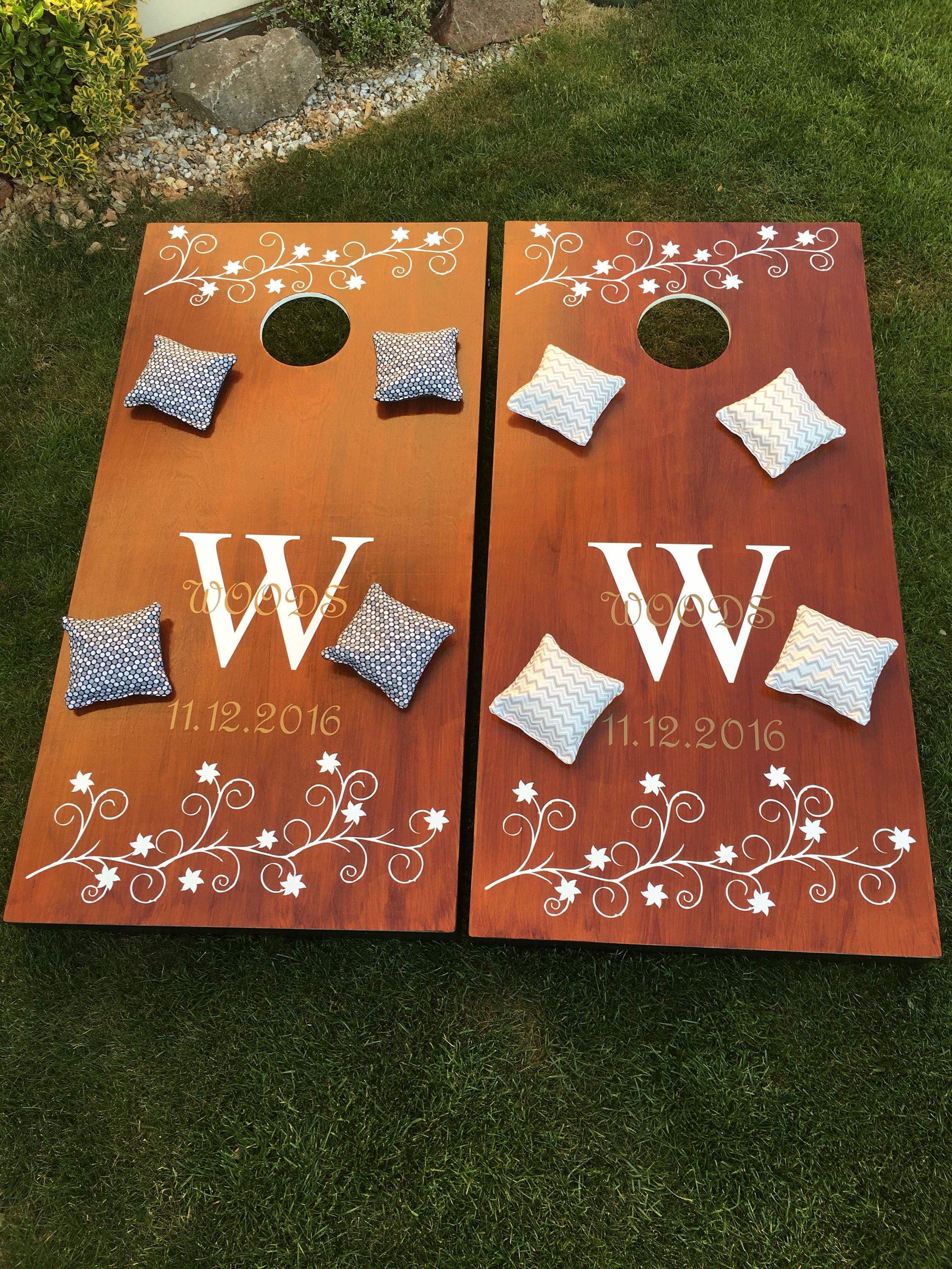 Personalised stain cornhole boards with decoration and bags - bean bag toss - garden game