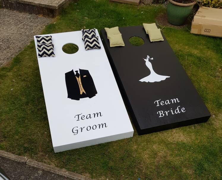 Cornhole Set Black and White Wedding  – Handmade Lawn Toss Game for Reception & Garden Party