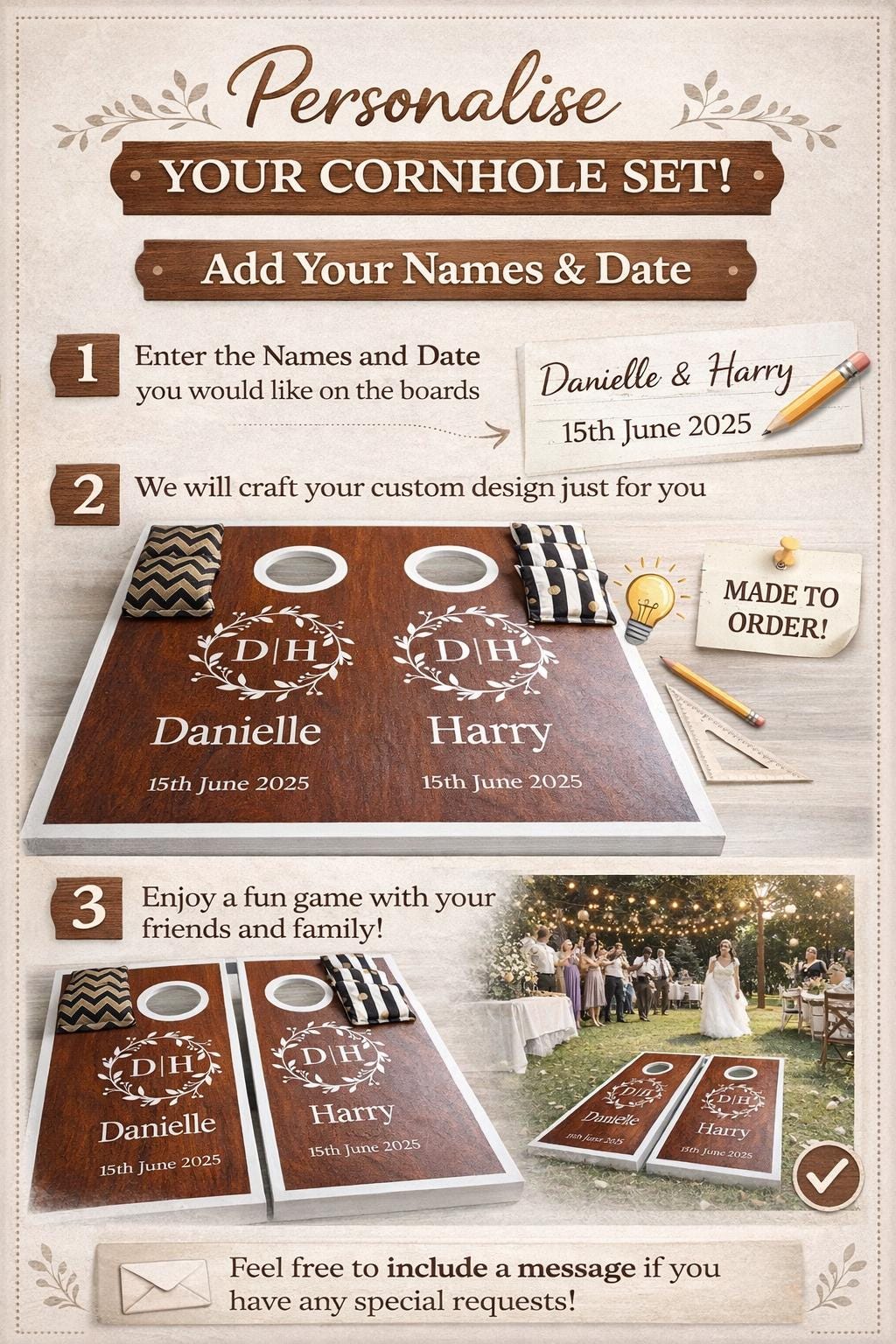 Personalised Solid Wood Cornhole Boards | Regulation Garden Game Set including 8 bags .
