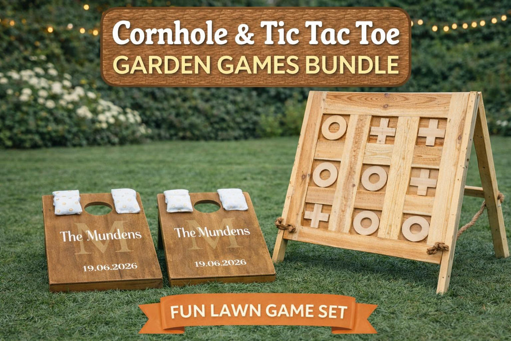 Handmade Wooden Cornhole Tic Tac Toe Garden Games Bundle | Lawn Party Set