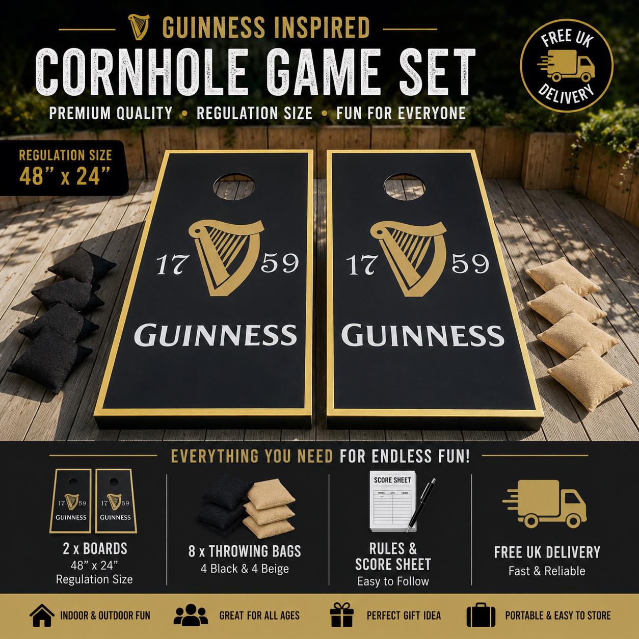 Guinness Inspired Cornhole Game Set – Large Outdoor Garden Bean Bag Toss Boards