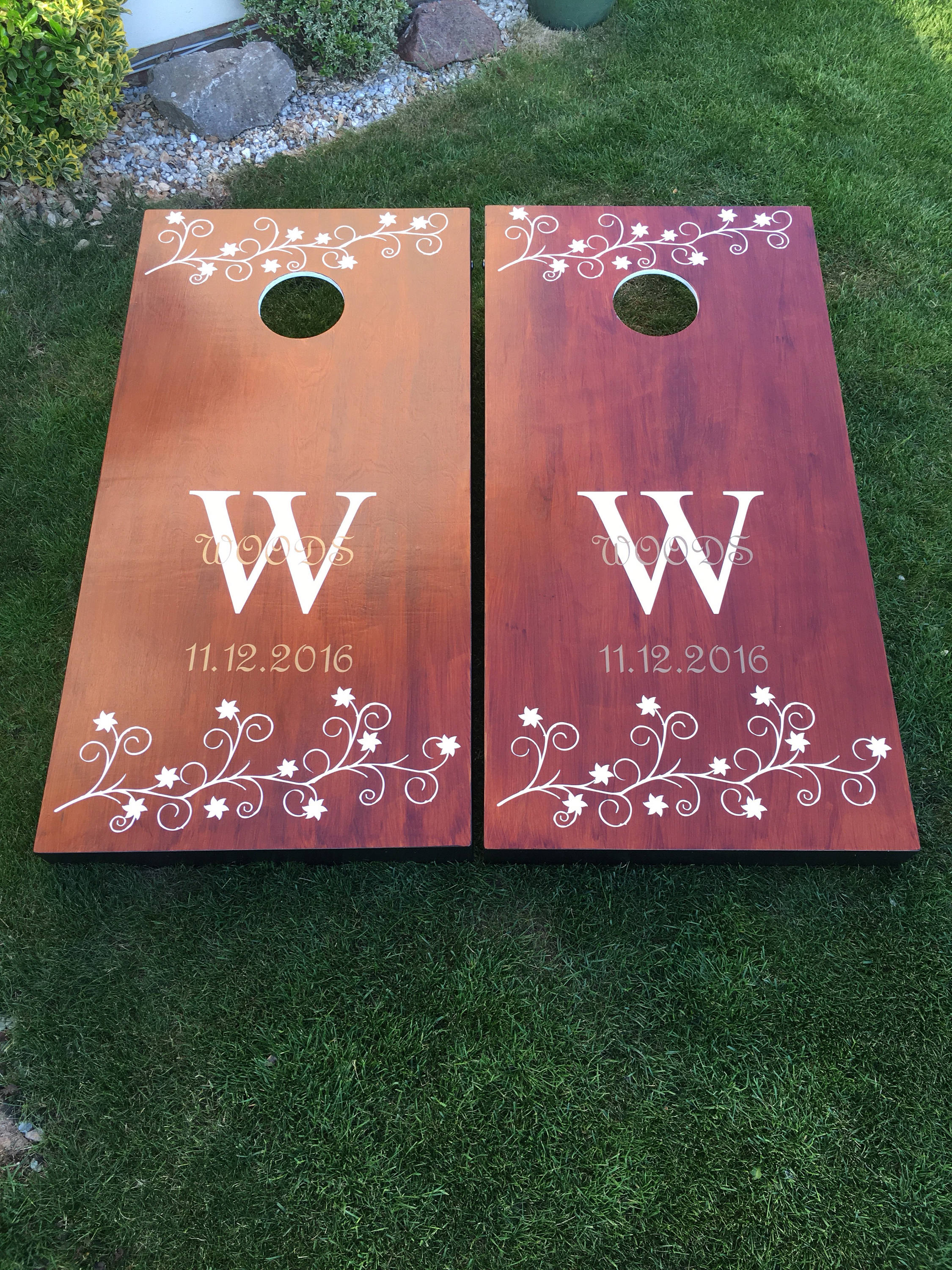Personalised stain cornhole boards with decoration and bags - bean bag toss - garden game