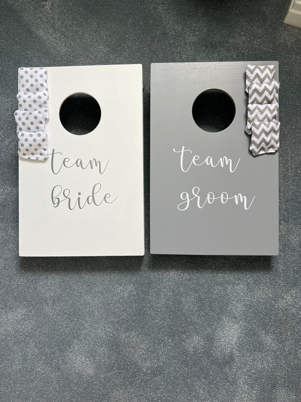 Team Bride and Team Groom mini wedding cornhole set, handmade in the UK”