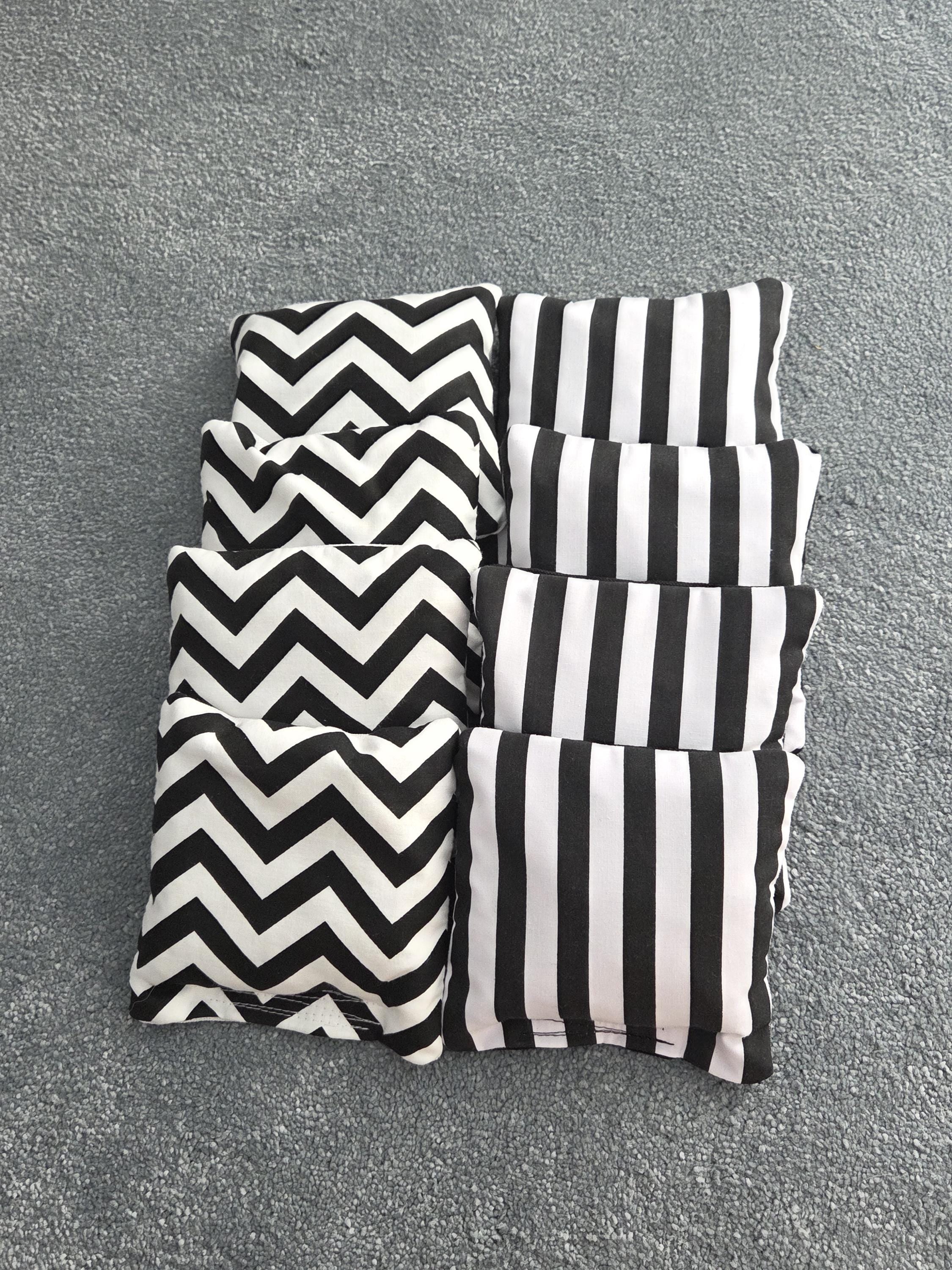 Cornhole Bags:  Large Black & White Stripes / Chevrons (Set of 8 )