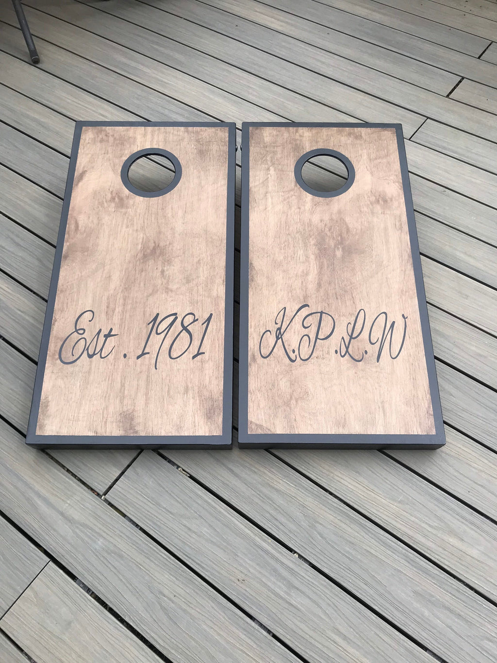 Medium Cornhole –Personalised Luxury  Stained Wooden Lawn Toss Boards with White Trim