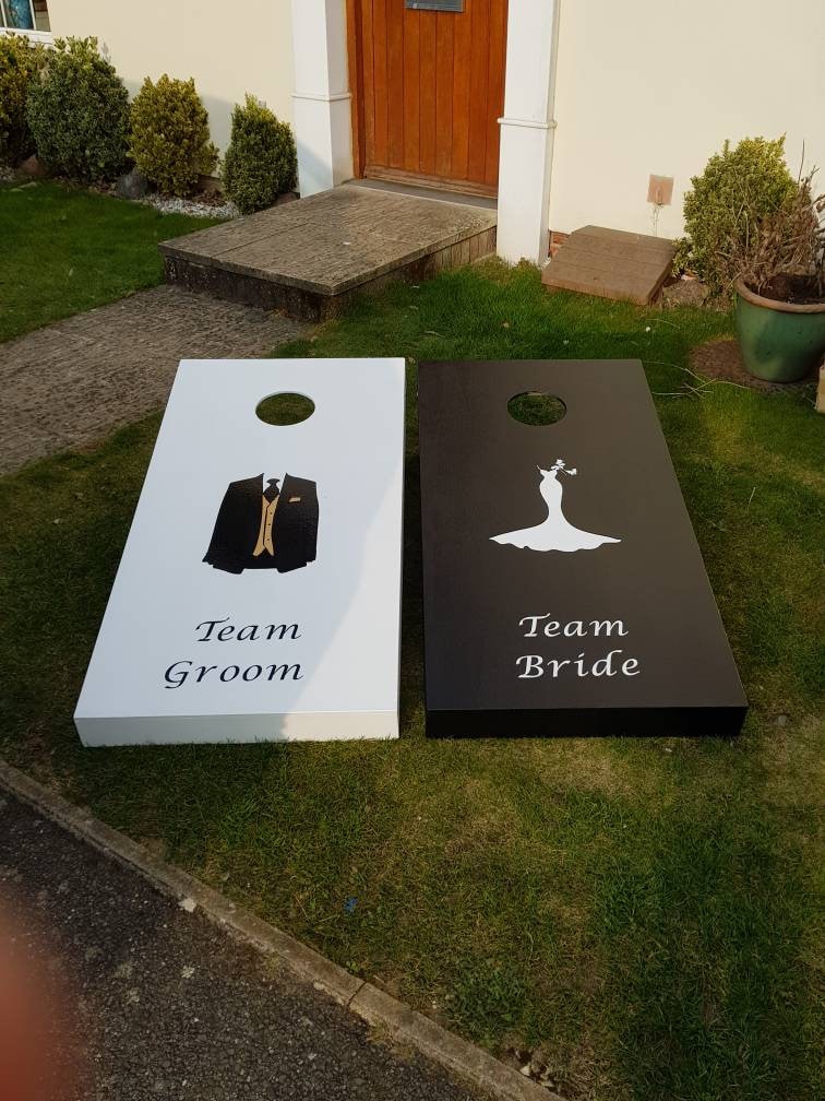 Cornhole Set Black and White Wedding  – Handmade Lawn Toss Game for Reception & Garden Party