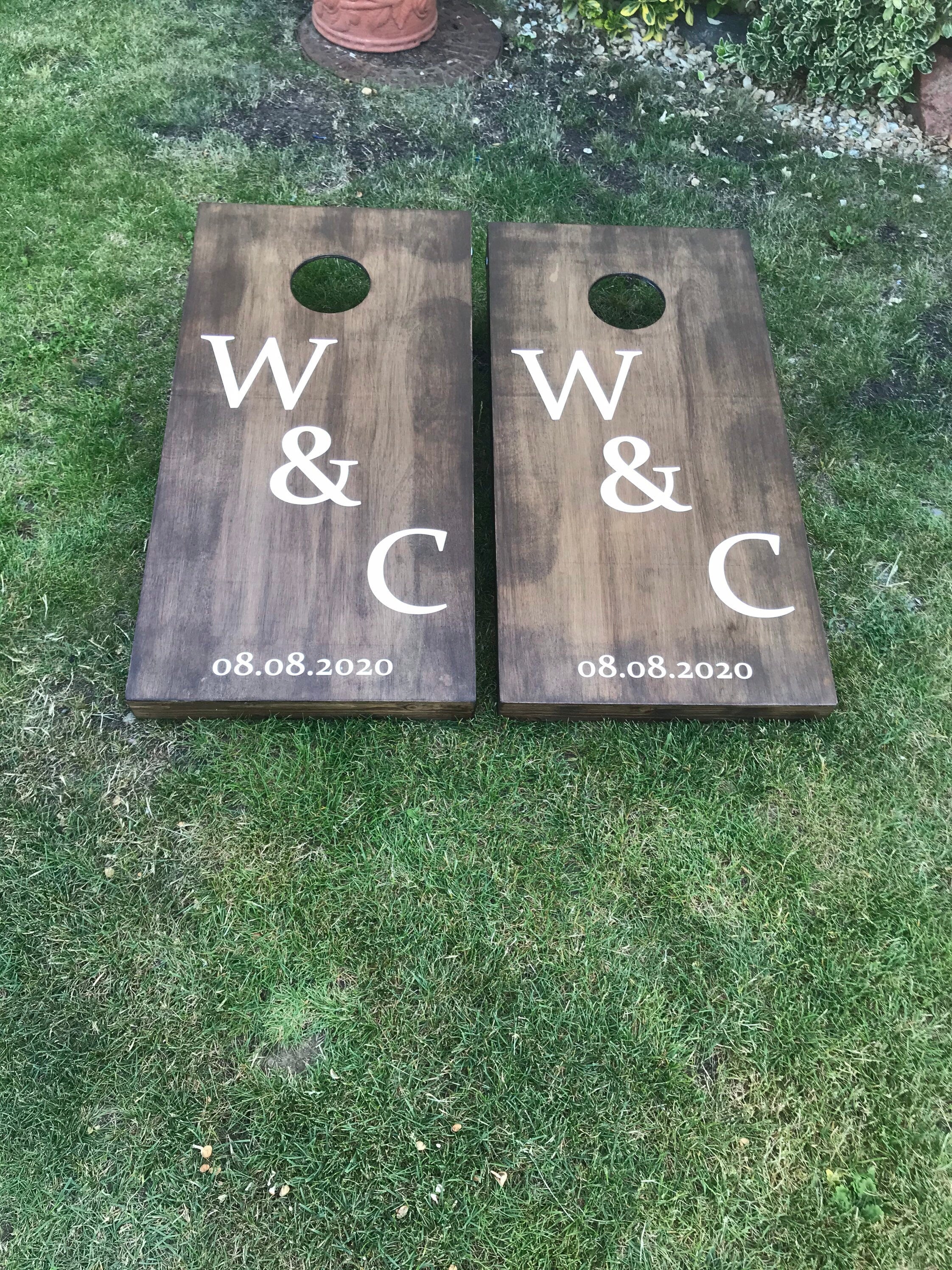Medium Cornhole –Personalised Luxury  Stained Wooden Lawn Toss Boards with White Trim