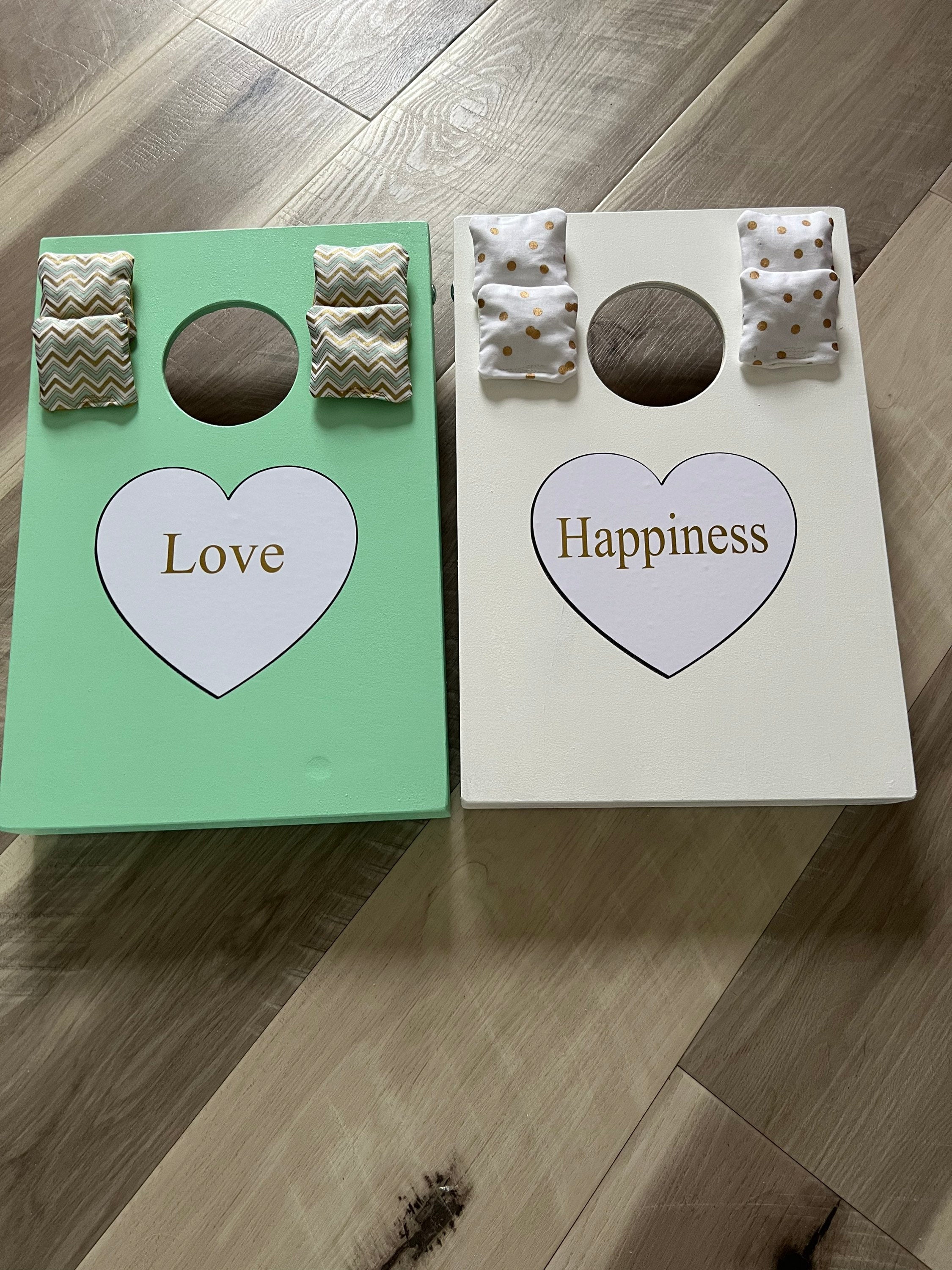 Cornhole Set -Custom Vintage Green & White Wedding – Handmade Mini Outdoor Bean Bag Toss