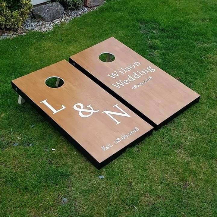 Medium Cornhole –Personalised Luxury  Stained Wooden Lawn Toss Boards with White Trim
