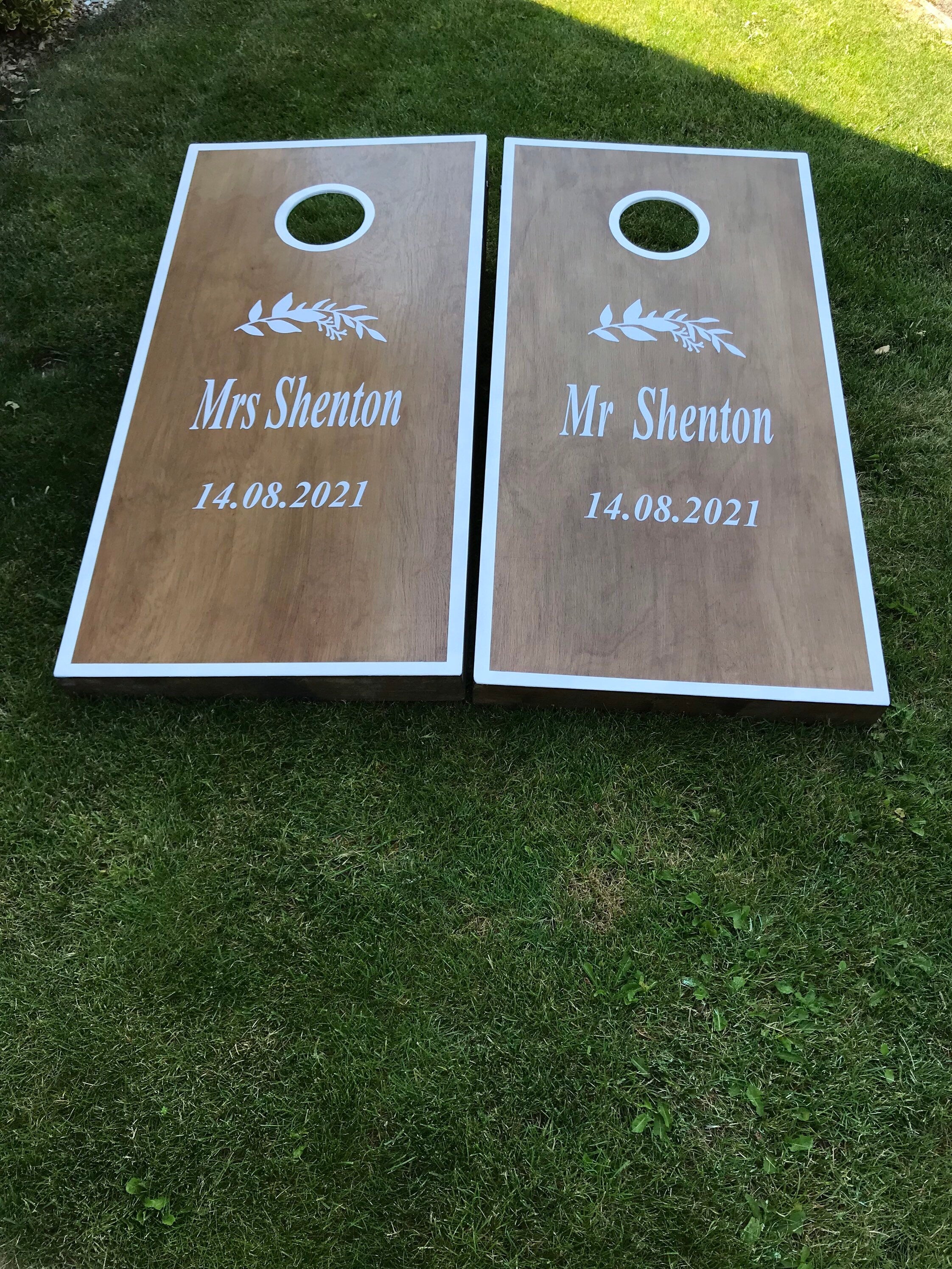 Medium Cornhole –Personalised Luxury  Stained Wooden Lawn Toss Boards with White Trim
