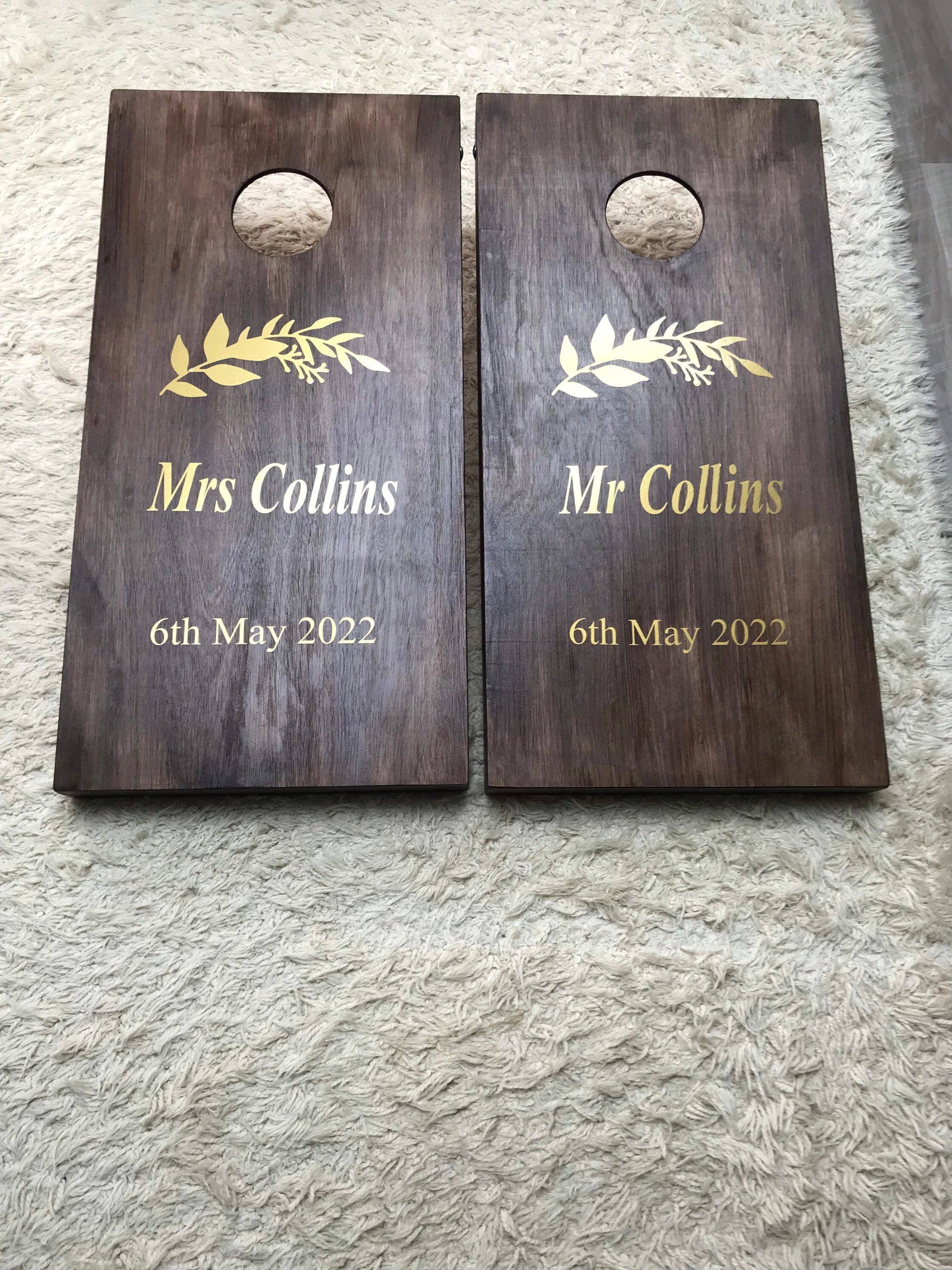 Medium Cornhole –Personalised Luxury  Stained Wooden Lawn Toss Boards with White Trim