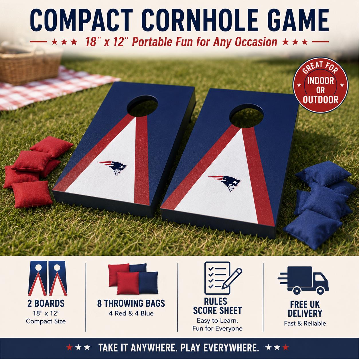 NFL  Patriots  compact Cornhole Game Set – 18" x 12" Portable Bean Bag Toss (Indoor/Outdoor)
