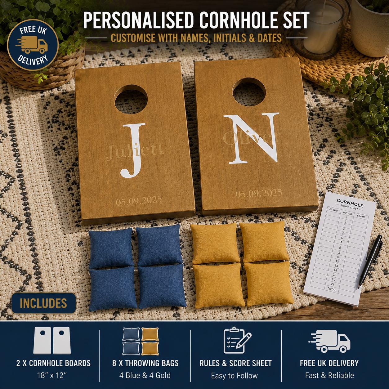 Personalised Mini Cornhole Set: Handmade Wooden Bean Bag Toss Game