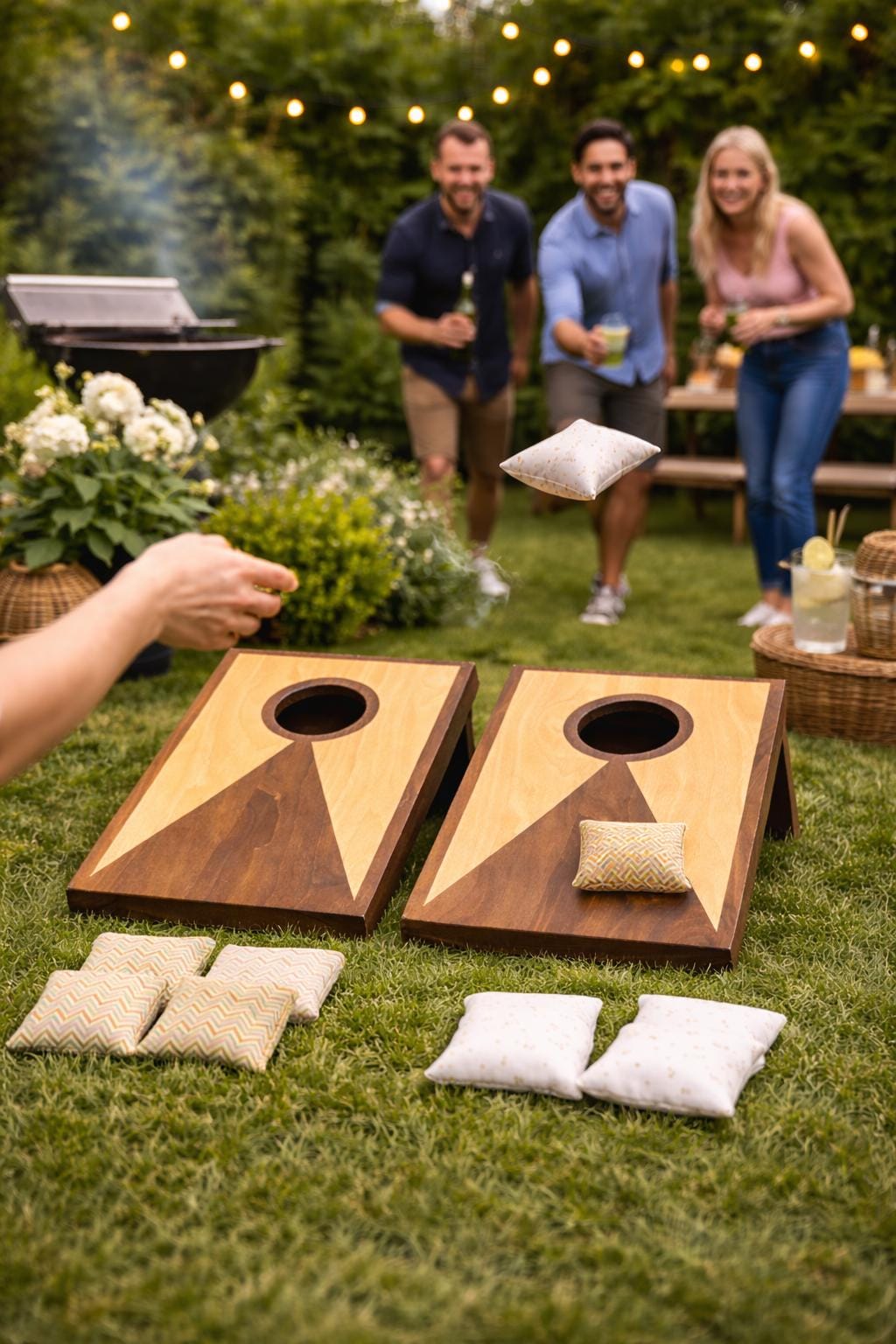 Cornhole Set – Rustic two tone  Stained Wood – Mini Garden Game with Bags and foldable legs