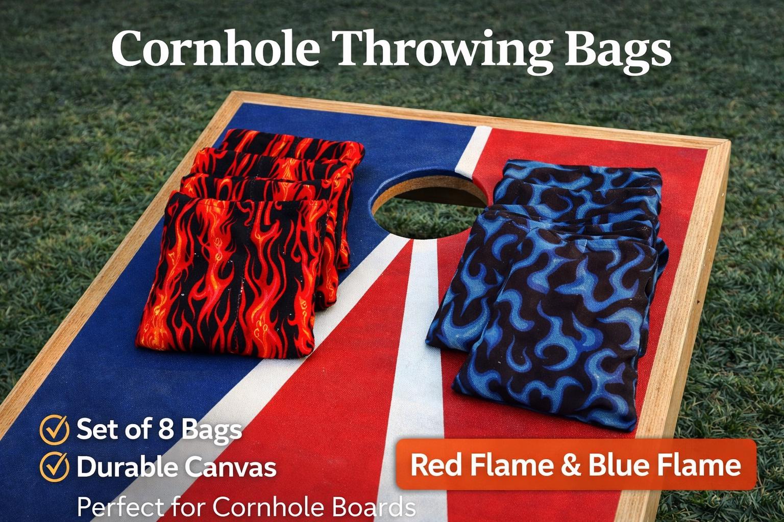 Cornhole Throwing Bags Set of 8 | Red Flame Blue Durable Canvas Bags