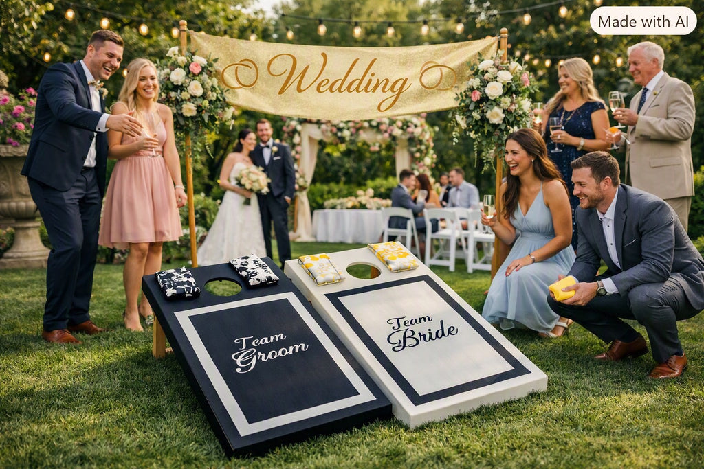 “Personalised Bride and Groom wedding cornhole boards, handmade lawn game”