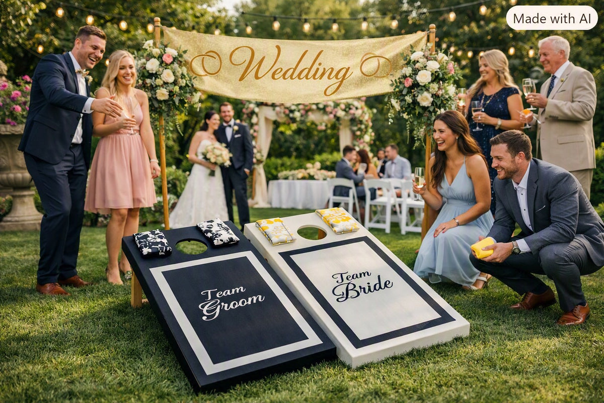 “Personalised Bride and Groom wedding cornhole boards, handmade lawn game”
